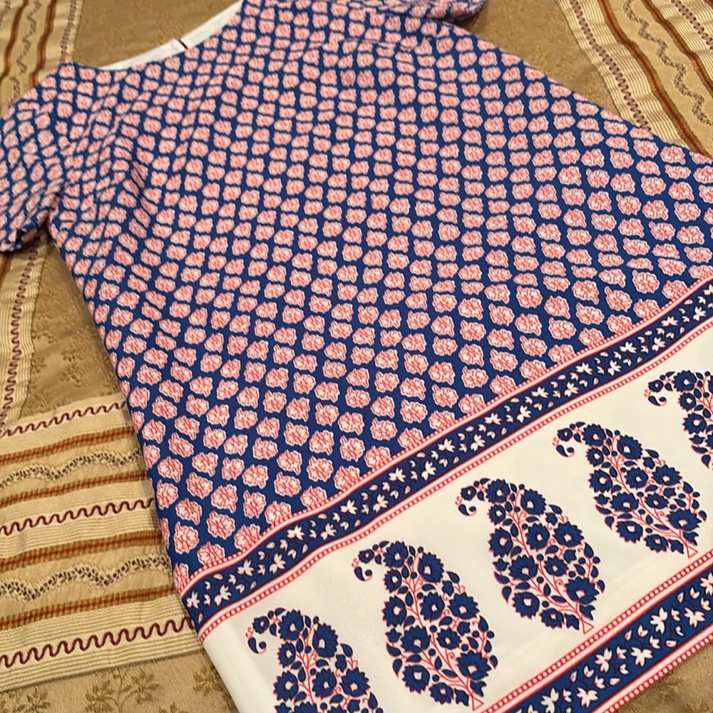 NWOT J. Crew Blue and Red/Orange Patterned Dress, polyester, machine wash, 2